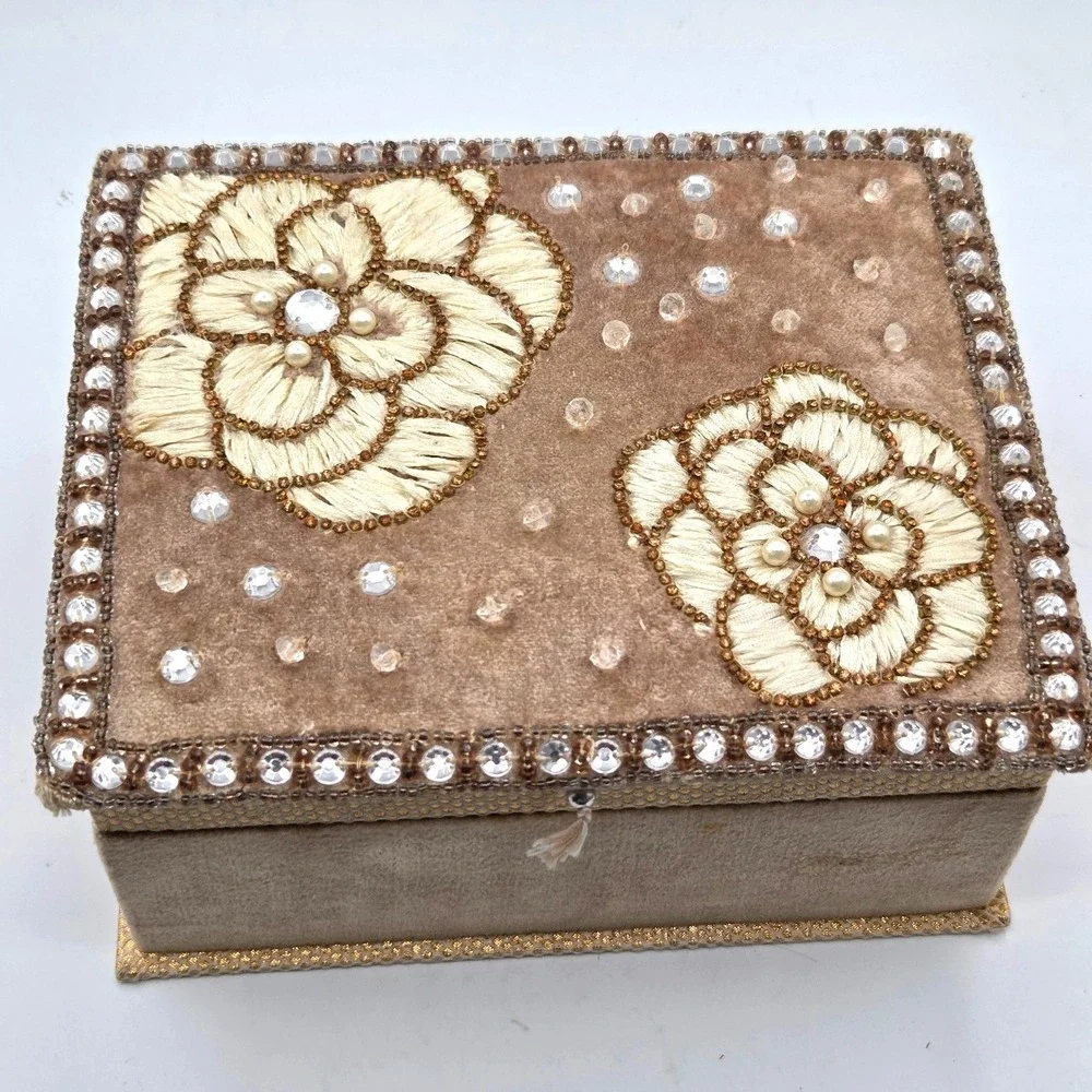 Velvet Floral‎ Embroidered Jewelry Box with Rhinestones Beads Sequins Design